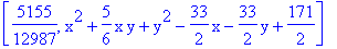 [5155/12987, x^2+5/6*x*y+y^2-33/2*x-33/2*y+171/2]